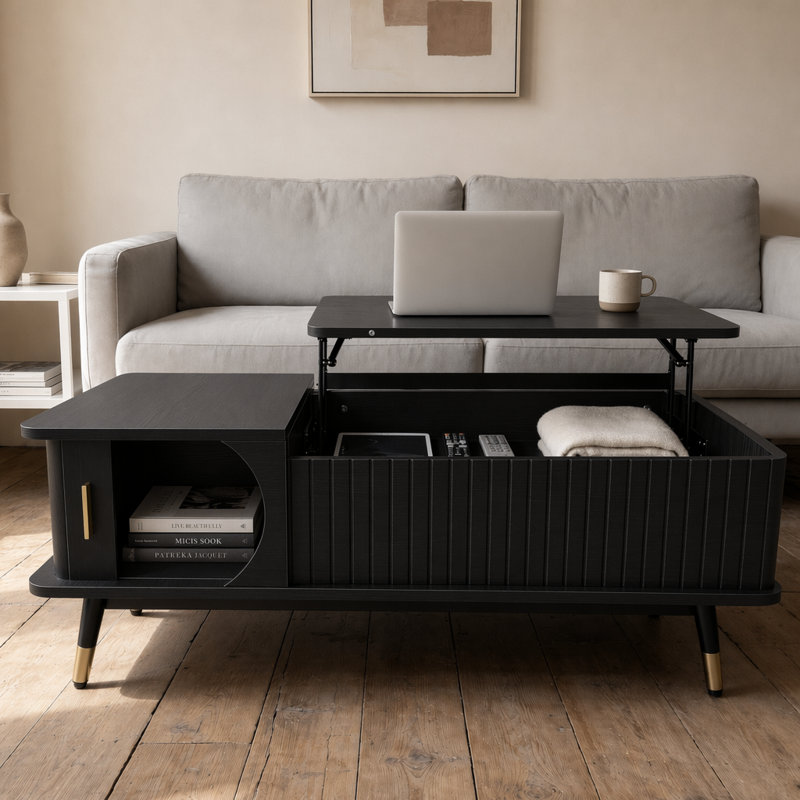 Table basse à plateau relevable avec rangement dissimulé et grande tablette de rangement, Black