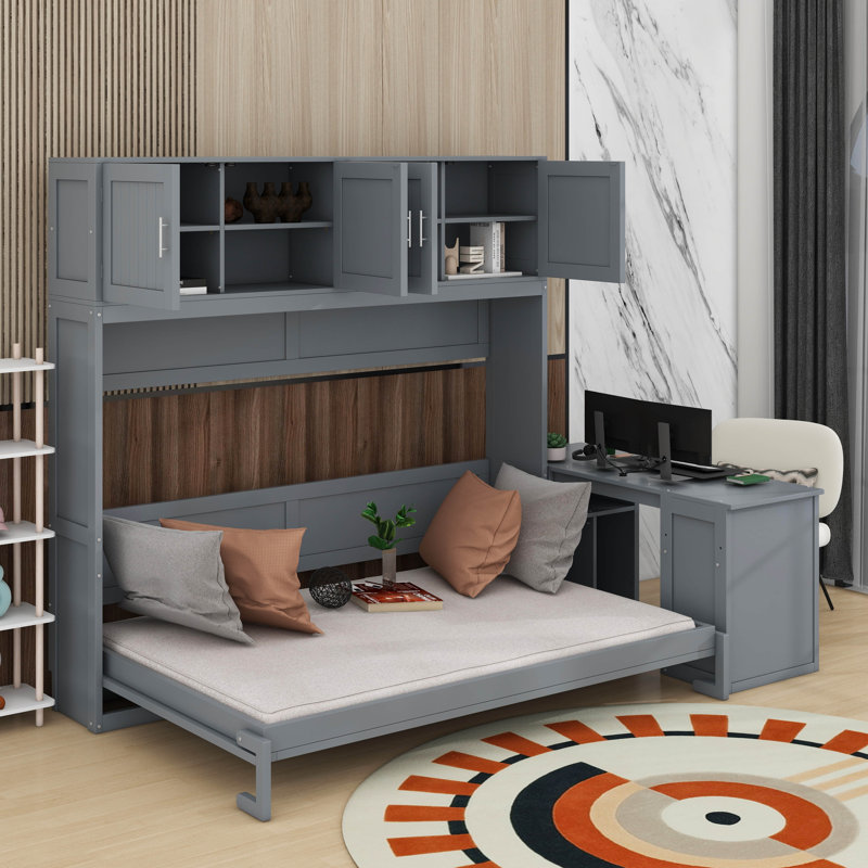 Grand lit escamotable avec bureau, tablettes et armoires de rangement, Gris