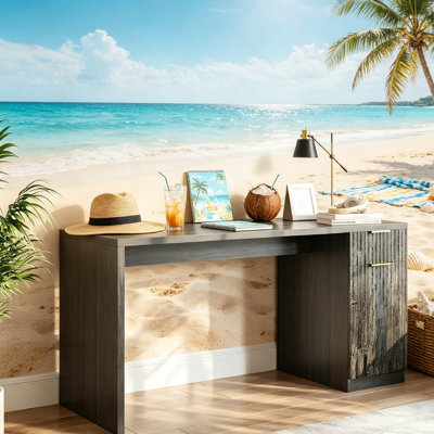 61" Executive Desk with Charging Station, 3AC+2USB, Right-Side Drawer & Cabinet, Adjustable Shelf, Fluted Door, Golden Handles, Farmhouse Home Office Computer Desk -Quick Assembly.