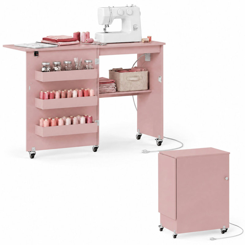 MDF Armoire Desk with Built-In Electrical Outlet, Pink