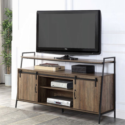 Rustic Oak And Black TV Stand With Sliding Barn Door