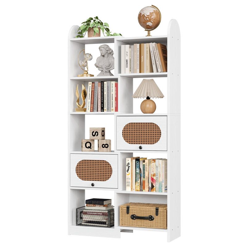 70.63"H x 35.4"W Bookcase With 2 Rattan Flip-Top Cabinets, 8-Cube Storage Shelves For Display And Organizing, Bookshelf For Living Room