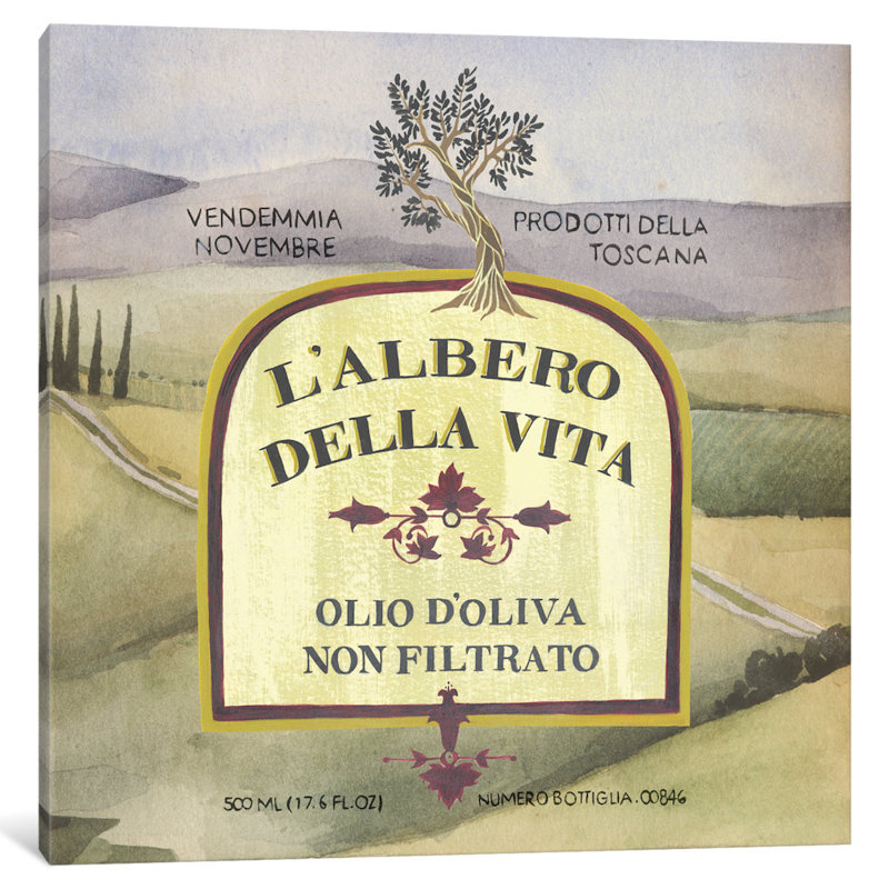 «Olive Oil Labels IV», affiche vintage sur toile, H 37 po x l 37 po x P 1,5 po, Toile avec cadre noir, Pas de tapis
