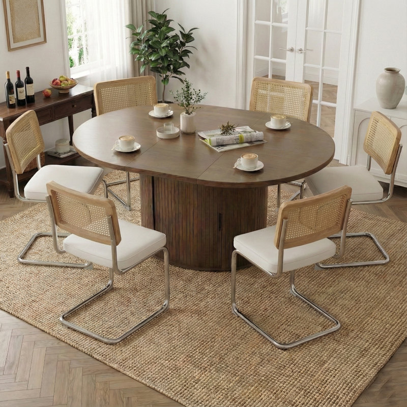 Extendable Round Dining Table Set With 6 Cane Back Cantilever Chairs, White