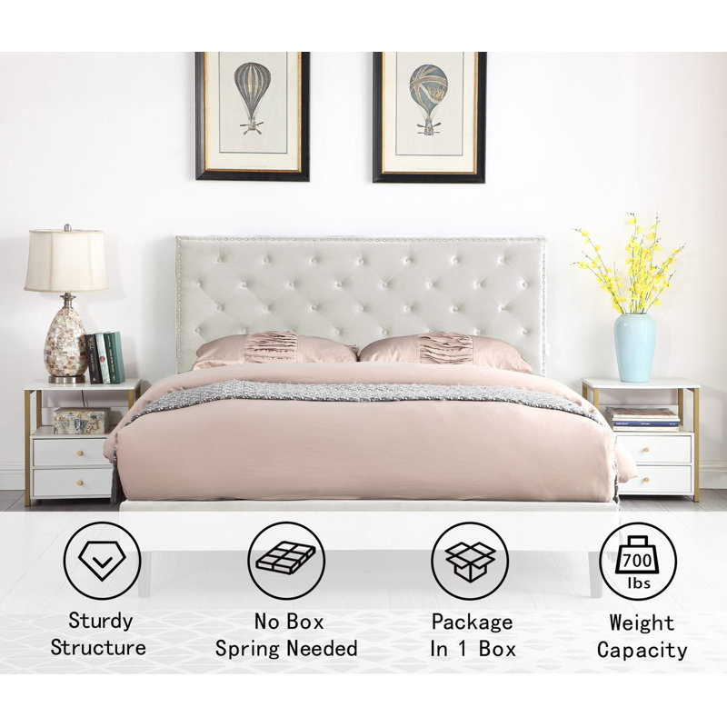 Avrah Upholstered Wingback Bed, Beige, Queen
