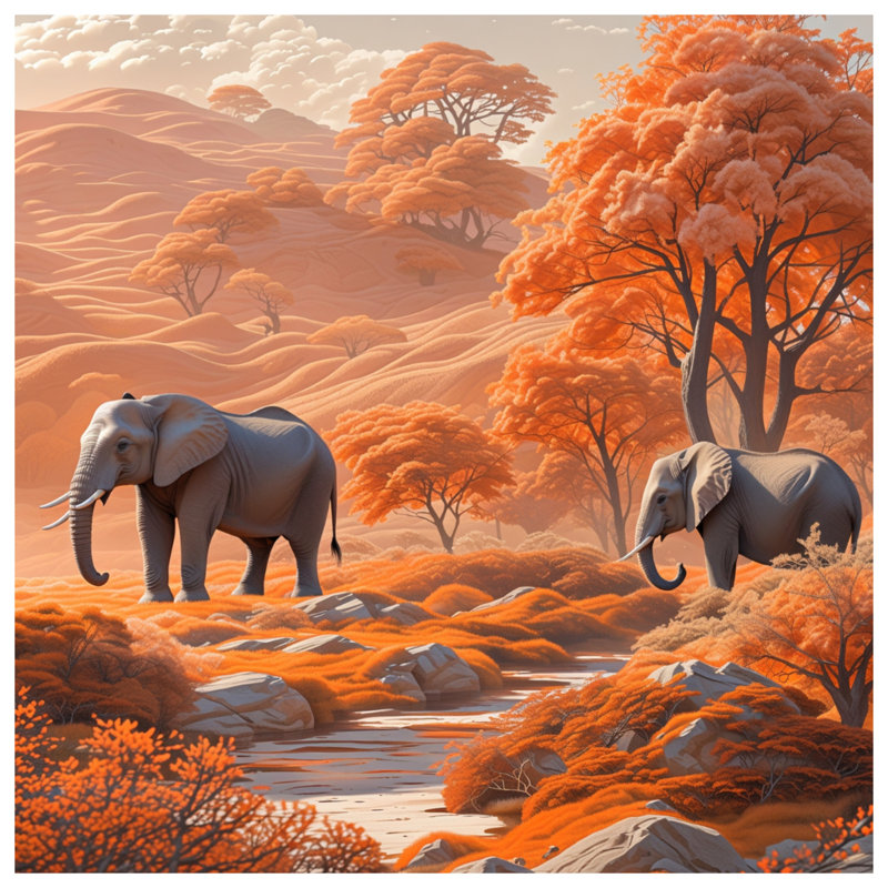 Éléphants dans un paysage orange, Double