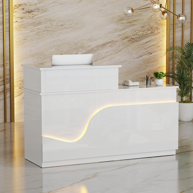 Modern Rectangular Reception Desk With Lockable Storage And RGB Lighting, 39.37" H x 62.99" W x 23.62" D