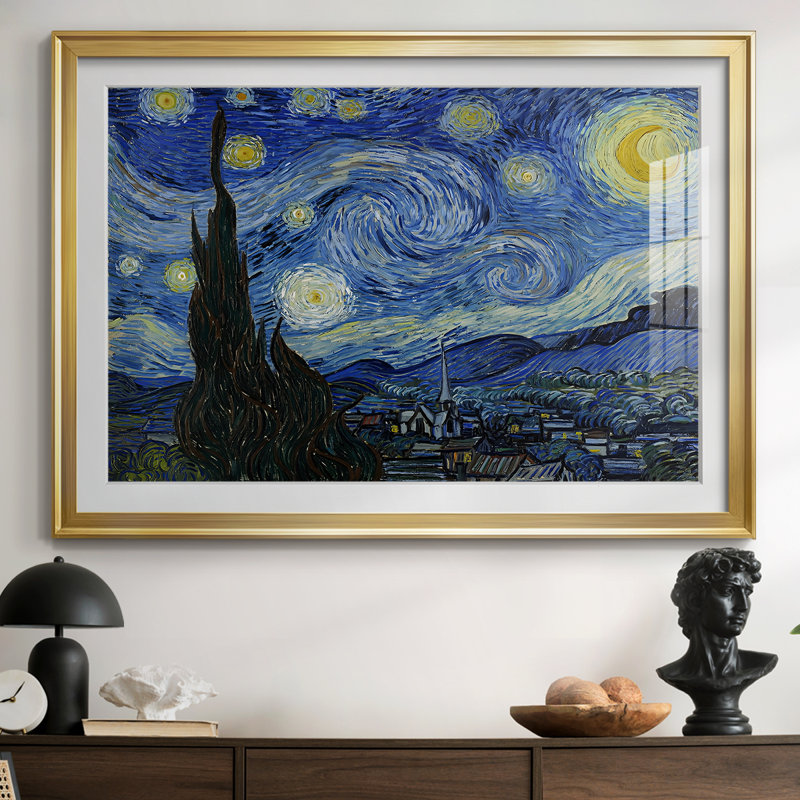 La nuit étoilée-Vincent van Gogh - reproduction d'art avec passe-partout et verre - 1889, 30 x 5 x 42,5, Impression encadrée