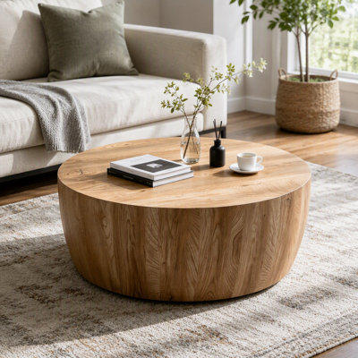 Table basse cylindrique de 34,65 po en MDF de haute qualité de couleur naturelle, table basse industrielle moderne entièrement assemblée, idéale pour la maison et la cuisine