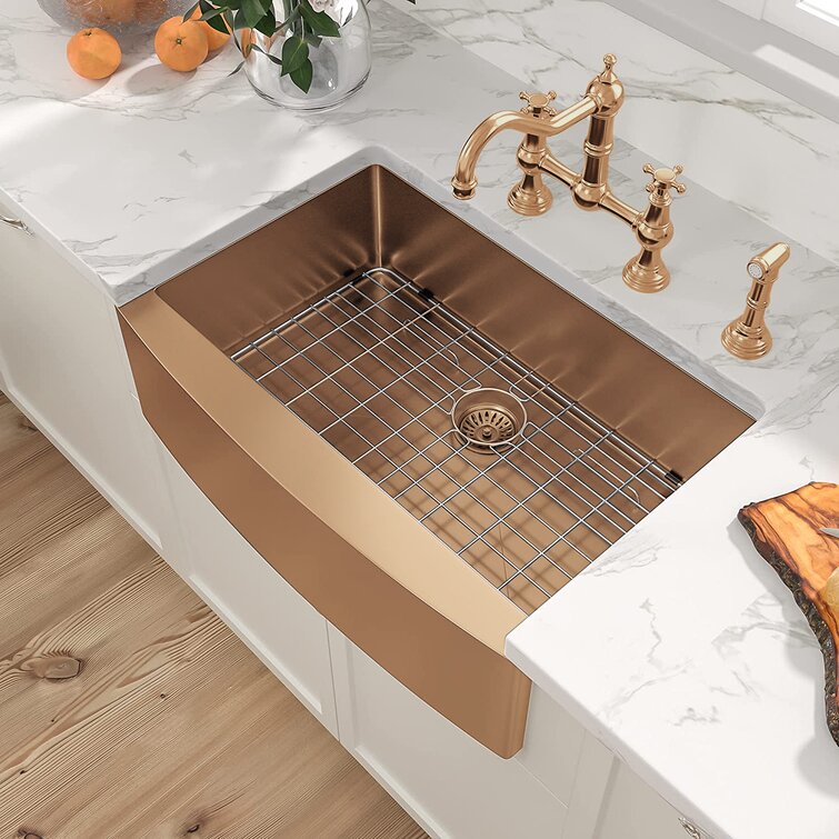 33in W x 21in D Farmhouse Kitchen Sink Gold Stainless Steel with Sink Grid  and Drain Assembly Apron Front