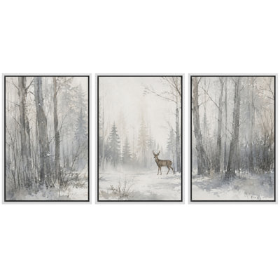 Winter Snowy Forest Deer Landscape Artwork, Bedroom Pictures, Framed Canvas Giclee Print 3 Pieces Wall Art - 16"x24"x3pcs, 24"x36"x3pcs