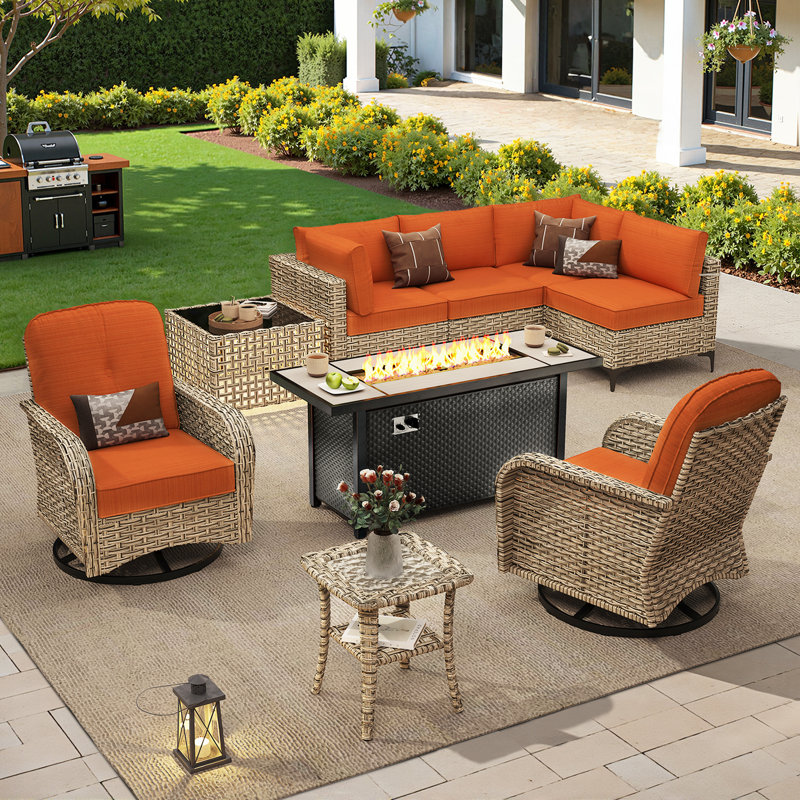 9-Piece Wicker Outdoor Sectional Seating Group With Lighted Coffee Table And Swivel Rocker Chairs,All Weather Patio Modular Conversation Set With Propane Fire Pit Table
