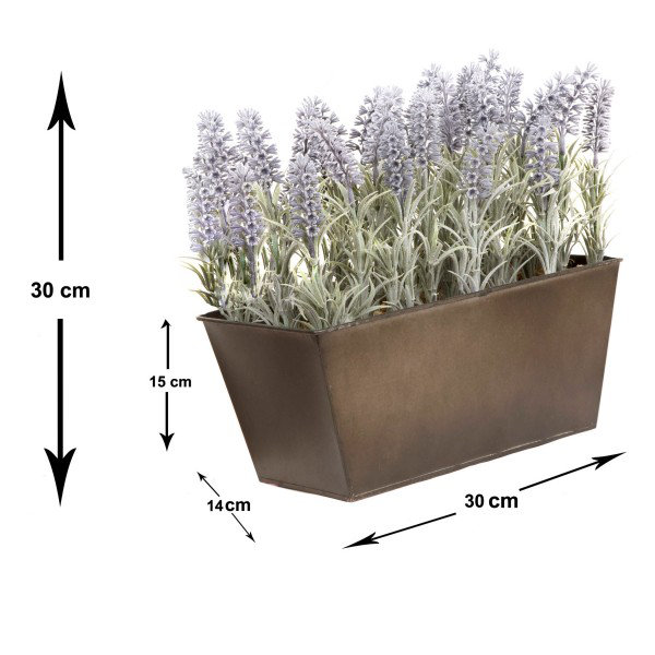Lavender in Rustic Tin Planter (Window Box), Rustic Brown, 32.2cm H x 31.5cm W x 16.5cm D