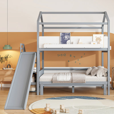 Lit superposé en bois en forme de maison avec glissière et escalier de rangement, cadre de lit pour enfant convertible simple / simple / double, gris et blanc