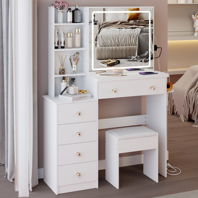 Ensemble de meuble-lavabo de 37 po de taille moyenne avec commode gauche + commode tabouret, 2 prises CA + 2 prises USB, support pour séchoir à cheveux, grand miroir à DEL tactile, interrupteur 3 couleurs, EPA, GCC, certificat UL
