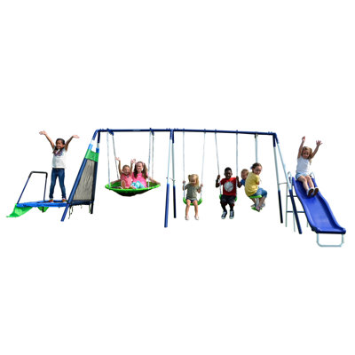 Sportspower Mountain View Metal Swing Set with Glide Ride, Saucer, Trampoline, and Lifetime Warranty