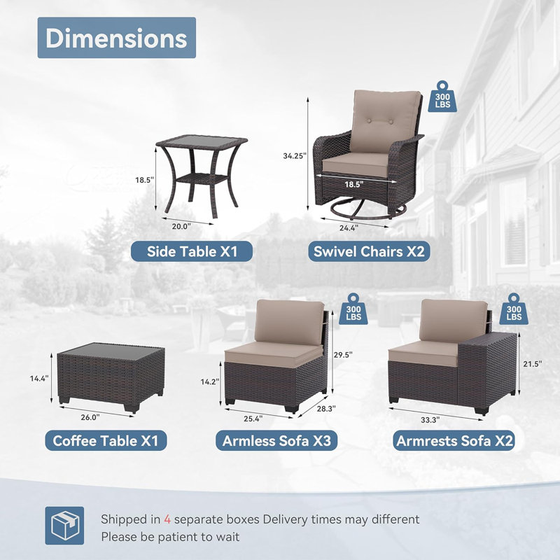 9-Piece All-Weather Wicker Outdoor Patio Set With Cushioned Modular Sectional, Swivel Rocking Chairs & Tables, Sand