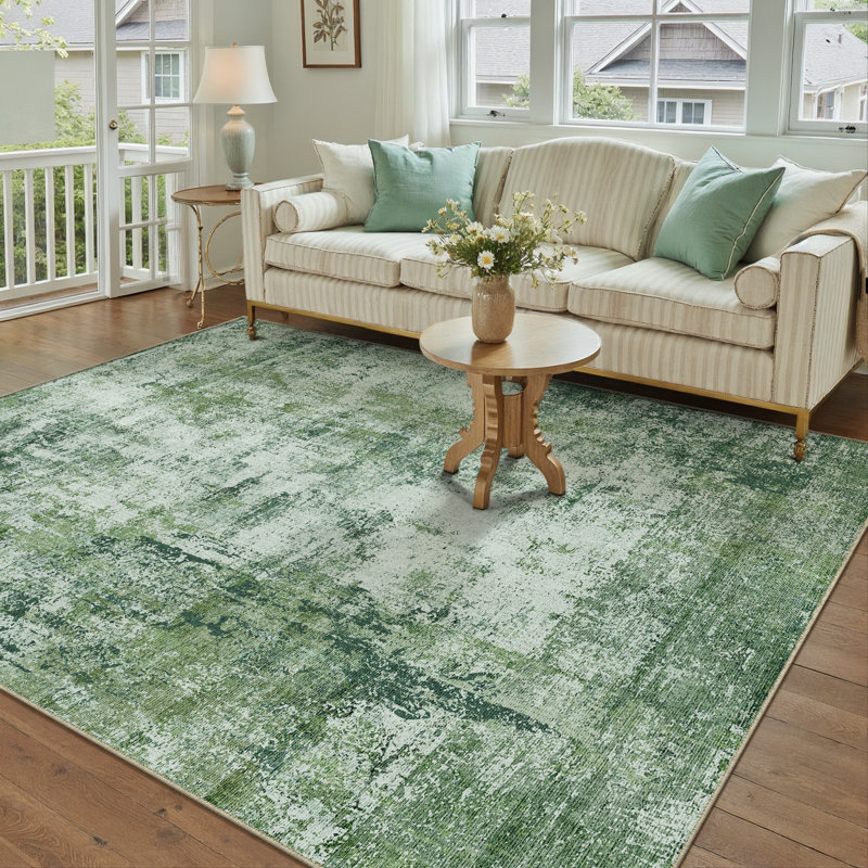 Tapis moderne lavable abstrait vert foncé, Rectangulaire 8 pi x 10 pi, Vert foncé