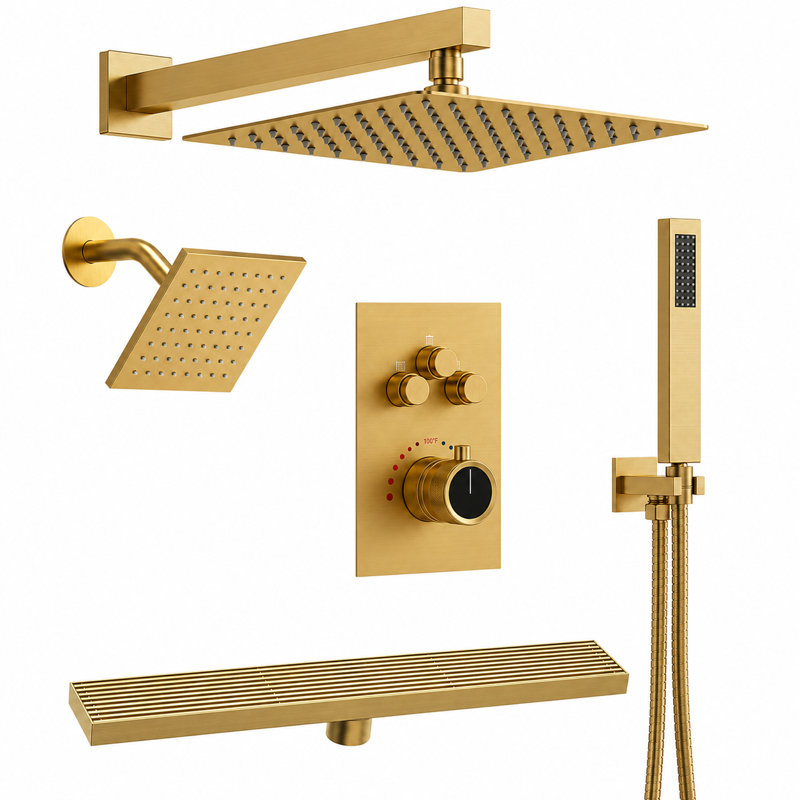 Système de douche complet avec valve thermostatique et drain de douche linéaire de 24 po, Nickel brossé