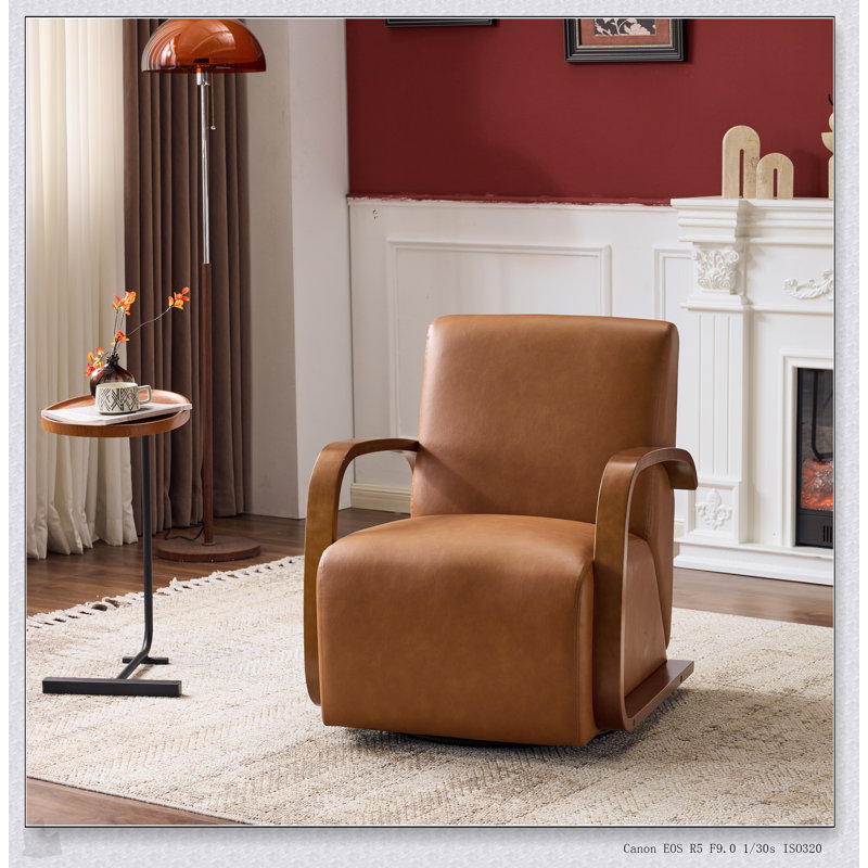 Fauteuil d'appoint pivotant brun rétro - Cuir luxueux luxueux, accoudoirs en bois massif, confort ergonomique pour le salon et le bureau