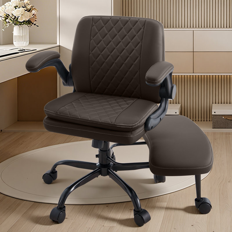 High Back Ergonomic Office Chair - Adjustable Swivel Chair with Lumbar Support, Flip-Up Arms, Retractable Footrest & Brown Diamond PU Leather for Home Office Desk-Brown