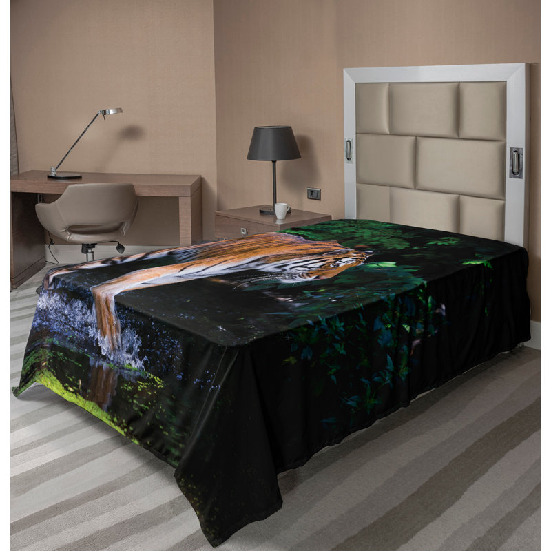 Ambesonne Tropical Top Flat Sheet Wild Jungle Tiger Tree Calking Orange Brown Green, Drap plat pour lit simple