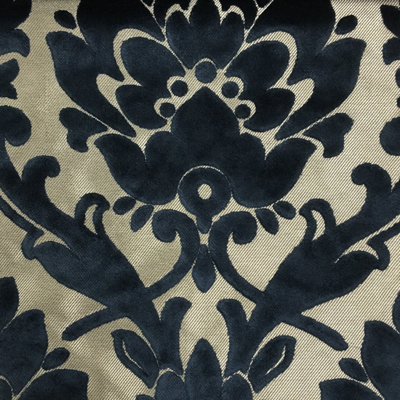 Nottingham, Damask Pattern Lurex Burnout Velvet Upholstery Fabric By The Yard, Navy