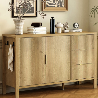 Buffet en U avec 3 tiroirs et pieds centraux supplémentaires, crochets de buffet à motif ondulé modernes pour le couloir, offrant un design élégant, des crochets de rangement réglables et flexibles, un grand salon idéal pour les pieds,