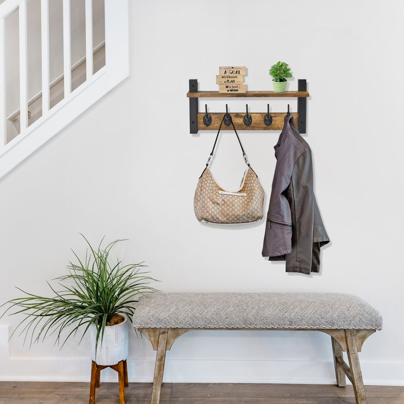 Sorbus Coat Hooks Wall Mount Floating Shelf 15.75 in W x 4.7 in D x 7.5 in H, Coat Rack with 5 Heavy Duty Hooks – Floating Wall Shelf with Hooks for Entryway, Bathroom, Bedroom, Kitchen, or Mudroom, Brown