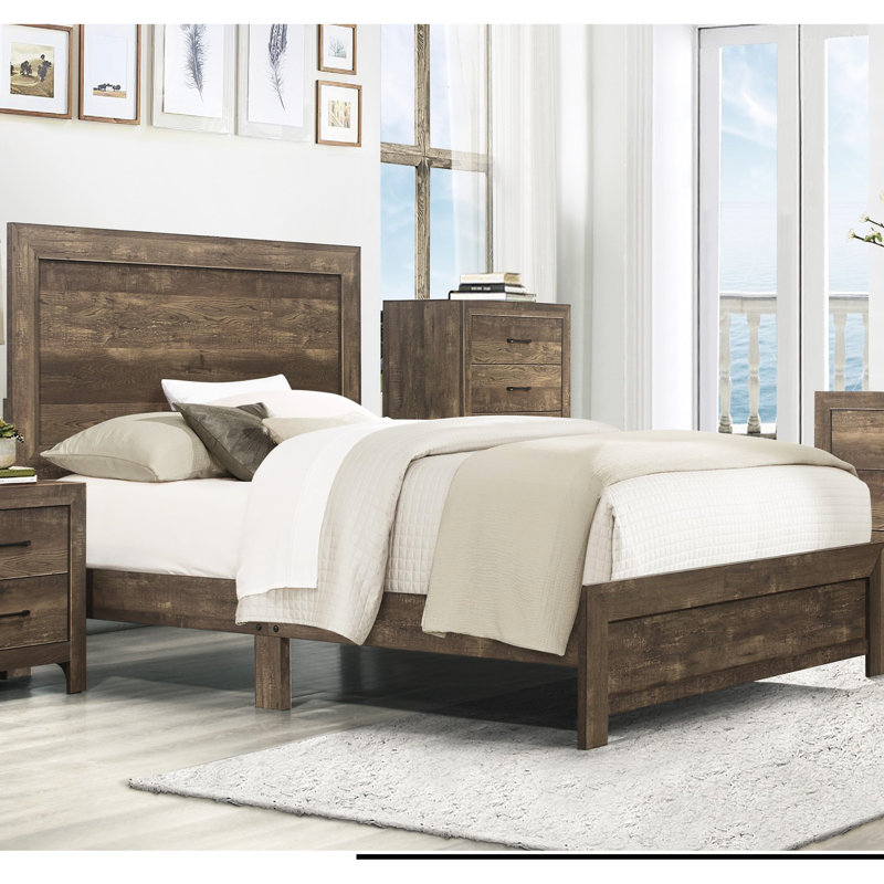 Grand lit rustique au fini brun rustique avec tête de lit et rails pour l'intérieur de la chambre à coucher, Grand lit