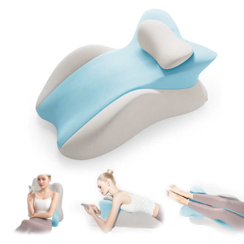 Oreiller à mémoire de forme, oreiller ergonomique pour la lecture, soutien du dos et du cou, Bleu/gris