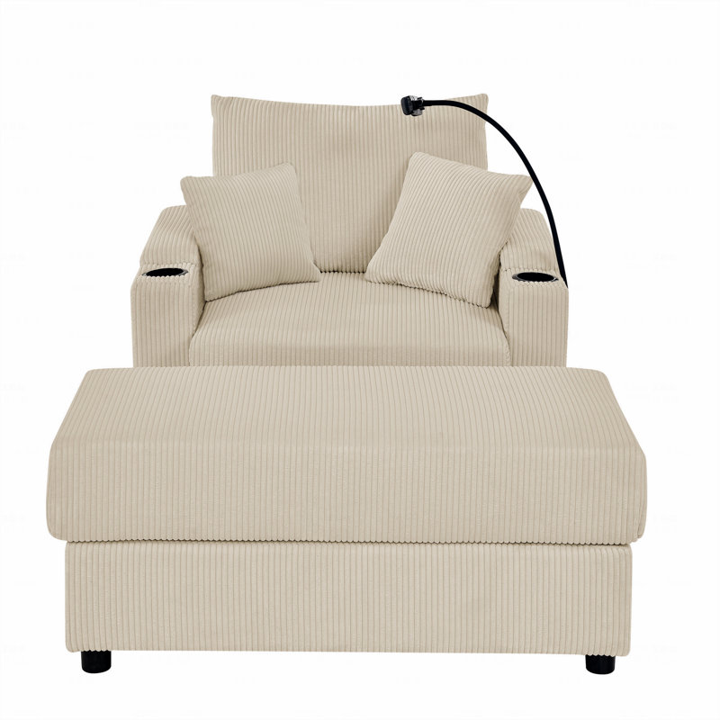 Canapé moderne avec rangement, avec repose-pieds, canapé à assise profonde avec porte-gobelets et support pour téléphone, canapé en velours côtelé beige