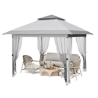 12x12ft Instant Pop Up Gazebos,Modern Waterproof Canopy Tent with Mosquito Netting(Gray+White)