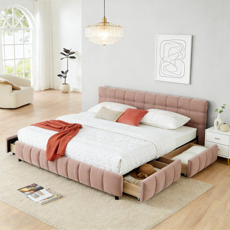 Chenille Upholstered King Bed With Storage Drawer And Solid Frame, Pink