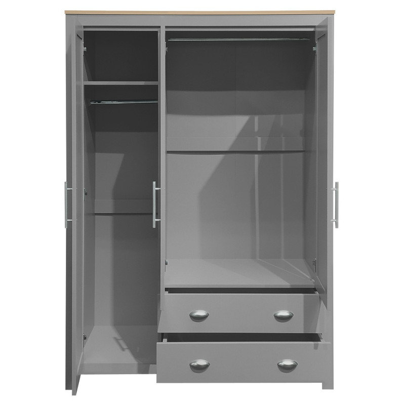 Armoire grise en bois à trois portes avec armoires et deux tringles pour le rangement de la chambre à coucher
