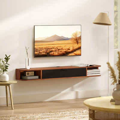 Meuble télé 55 po, console multimédia murale, noyer