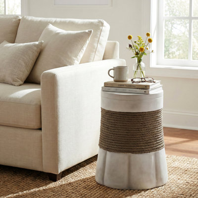 Brown And Gray Retro Woven Rope Side Table With Fan - Base, Stylish End Base Rope, Suitable For Small Indoor Areas