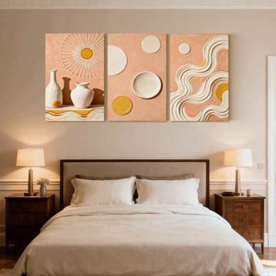 Abstrait, rayons de soleil, cercles, vagues, vases, ensemble de 3 impressions sur toile