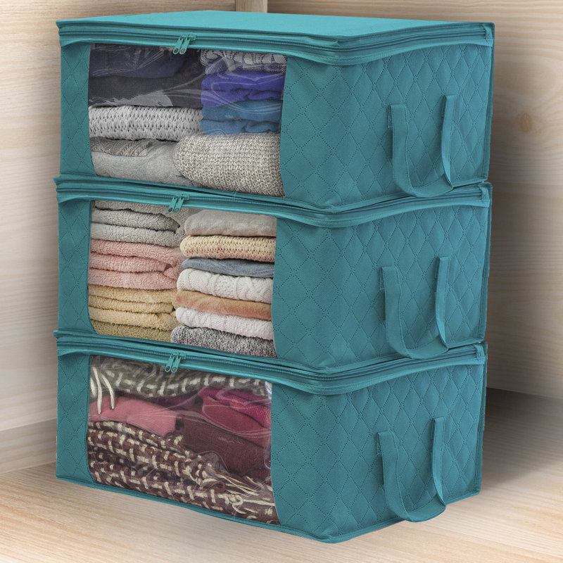 Bamboo Sorbus Foldable Storage Fabric Cube Bin Bag Organizers, Aqua
