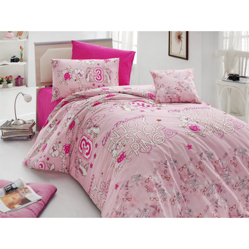 Ensemble de housse de couette 100% coton rose / fuchsia / blanc Earlene