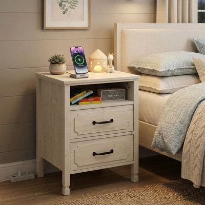 Verna 2 Drawer Nightstand with Charging Station, Bedside Table with Storage Drawers, Night Stand for Bedroom, End Table or Side Table for Living Room, 15.5" D x 18.9" W x 24" H