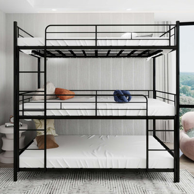Heavy-duty triple frame bed with built-in ladder and full-length railing, no springs required, easy to assemble