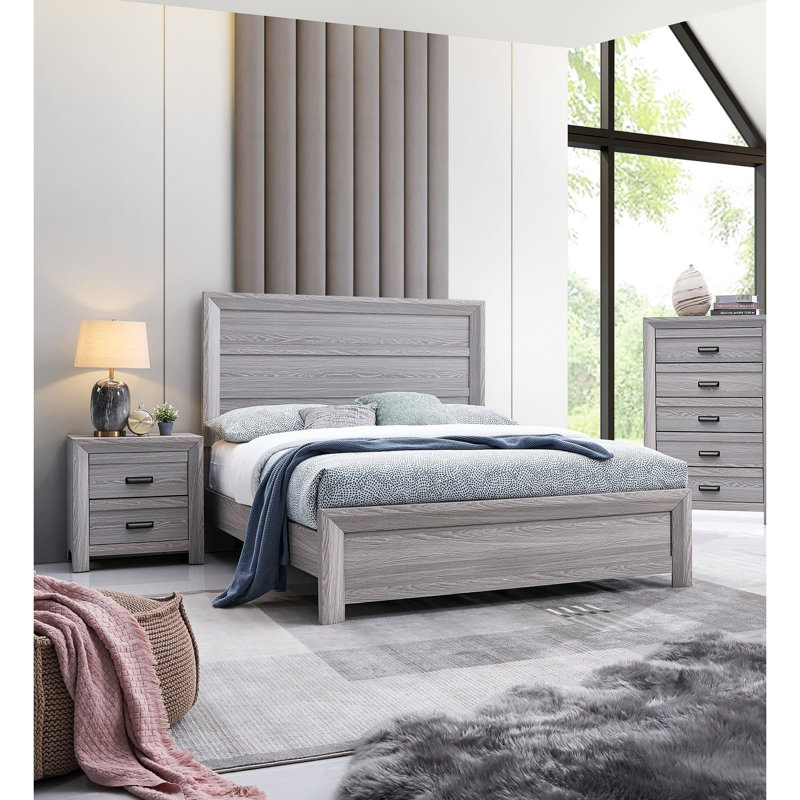 Grand lit gris en bois gris avec tête de lit de style rustique et panneaux de durabilité contemporains, Gris, Grand lit