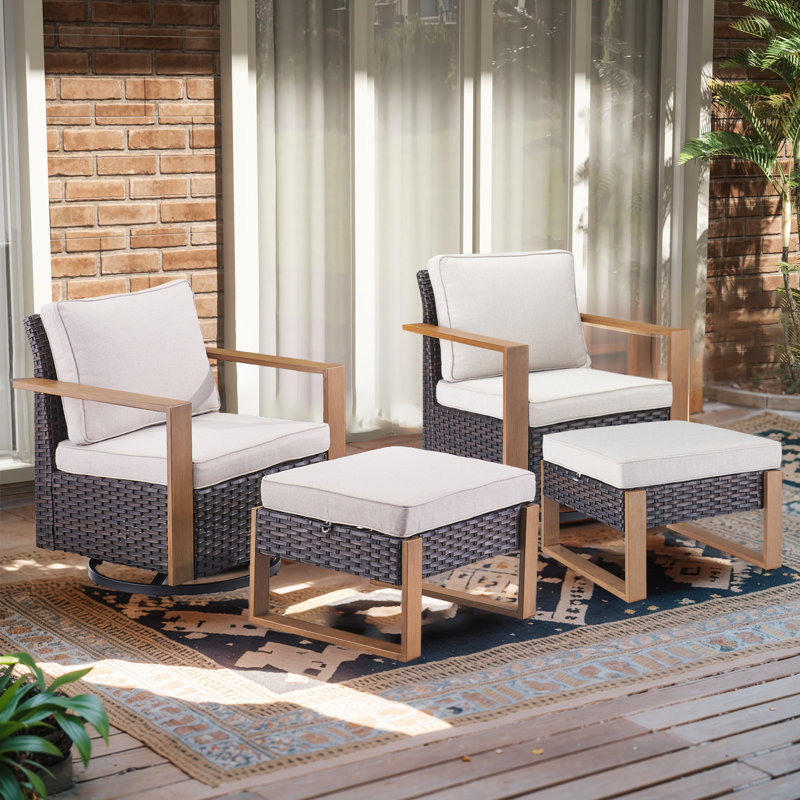 Drazen Outdoor Swivel Glider Chair Set With Ottomans - 360° Comfort, Weather-Resistant, Brown Frame/Beige Cushion