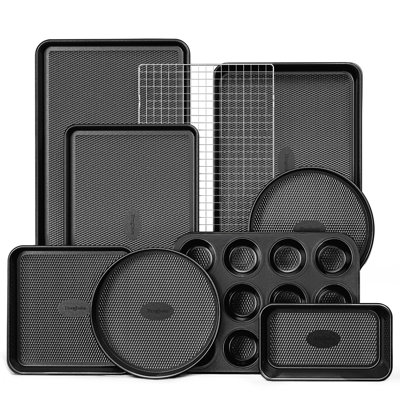 9-Piece Baking Pans Set Nonstick, Stackable Non Toxic Bakeware Sets with Diamond Texture, Oven Pan Set for Cooking, Includes Cookie Sheet with Rack, Cake Pan, Roasting Pan, Muffin Tin