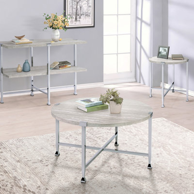 Élégante table basse industrielle - ronde, chêne blanc et placage