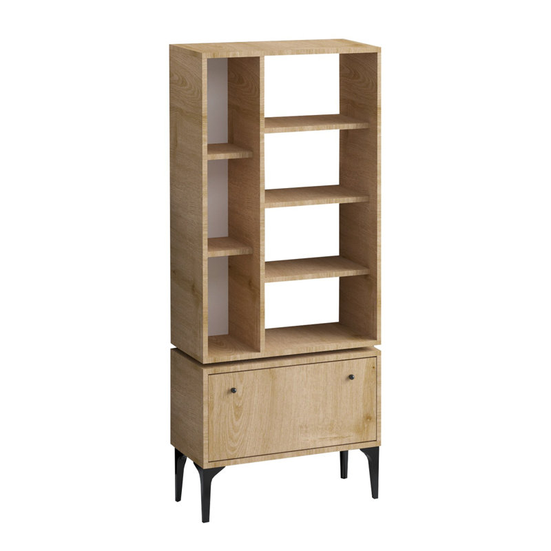 Modern Oak and Black Bookshelf, 25.6 x 63.0 x 11.8 inches | 100% Melamine Coated Particle Board, Thickness: 0.7 inches | Stylish Storage Solution for Home & Office, Durable Design, Elegant Solid Color Finish