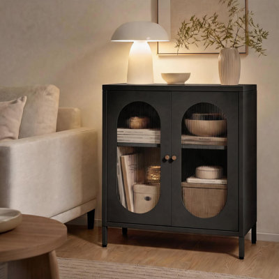 26.8" Black Entryway Sideboard Cabinet Glass Doors, Carbon Steel Storage Console Table for Dining Room
