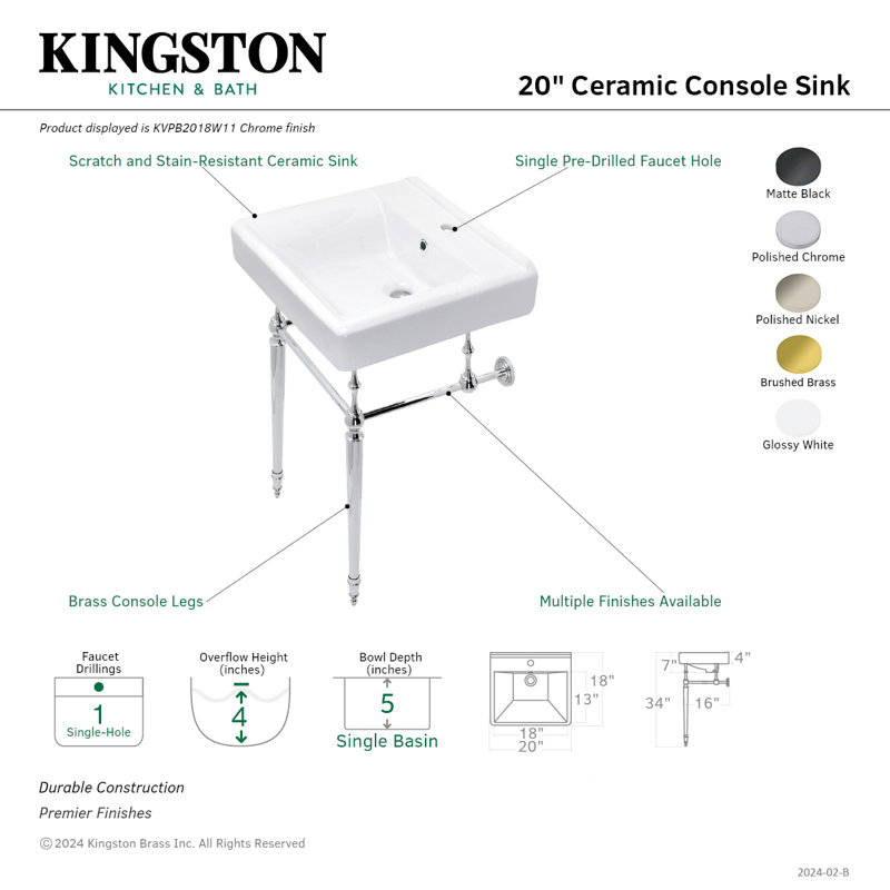Kingston Brass Edwardian 20-Inch Porcelain Console Sink with Brass Legs (1-Hole), White/Matte Black