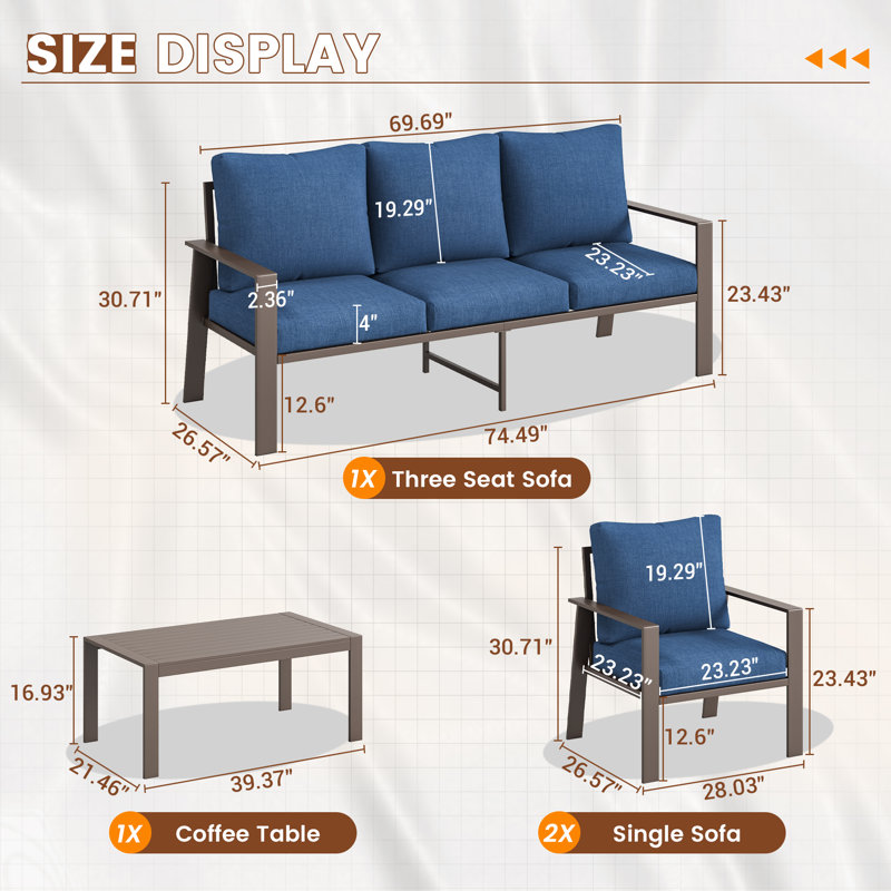 Ensemble de conversation avec canapé pour 5 personnes et table basse, Marine